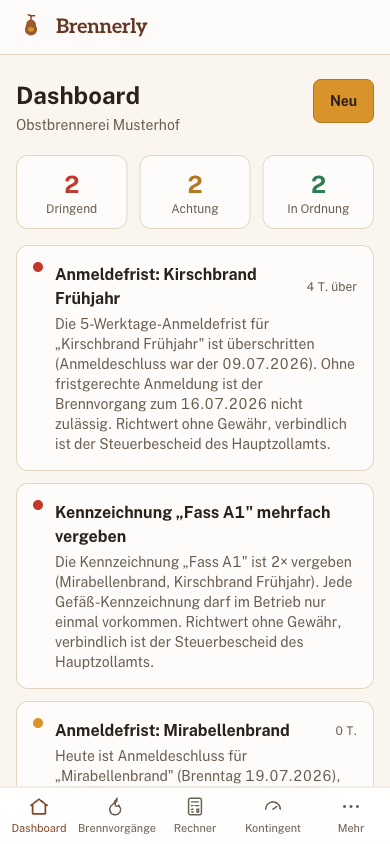 Brennerly Dashboard mit Fristen und Kontingent-Ampel